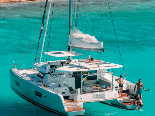 Catamaran Lagoon 42 available for charter in Marigot Bay Marina
